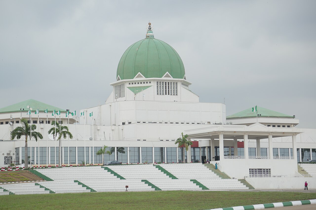 The green dome and white exterior of Nigeria's National Assembly building in Abuja.