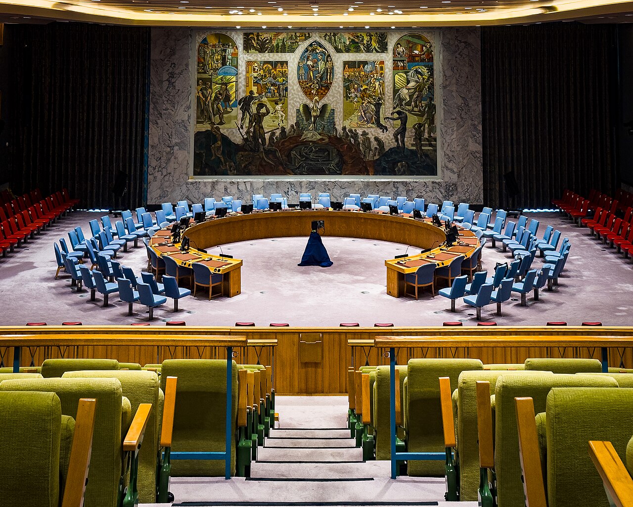 Empty UN Security Council chamber in New York with its circular table and large mural.